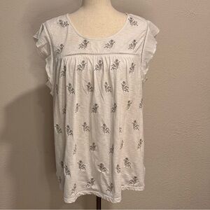 Style & Co. White Ruffle Sleeve Top with Embroidery Detail in Silver Size XL